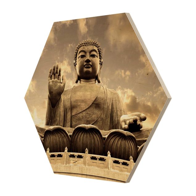 Obraz heksagonalny z drewna - Wielki Budda Sepia