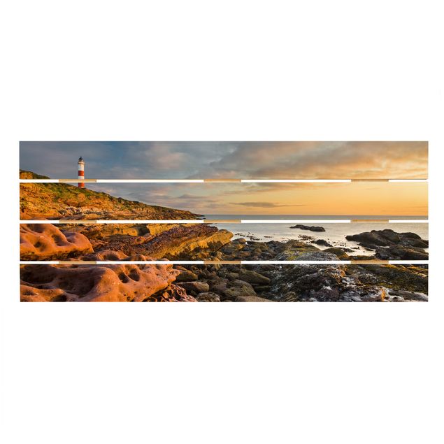 Obrazy drewniane Tarbat Ness Morze i latarnia morska o zachodzie słońca