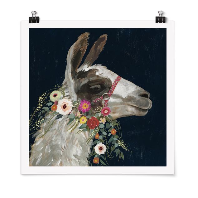Obrazy do salonu nowoczesne Lama z dekoracją kwiatową I