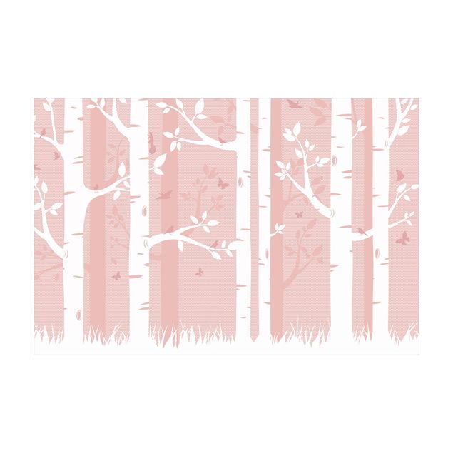 leśny dywan Różowy las brzozowy z motylami i ptakami