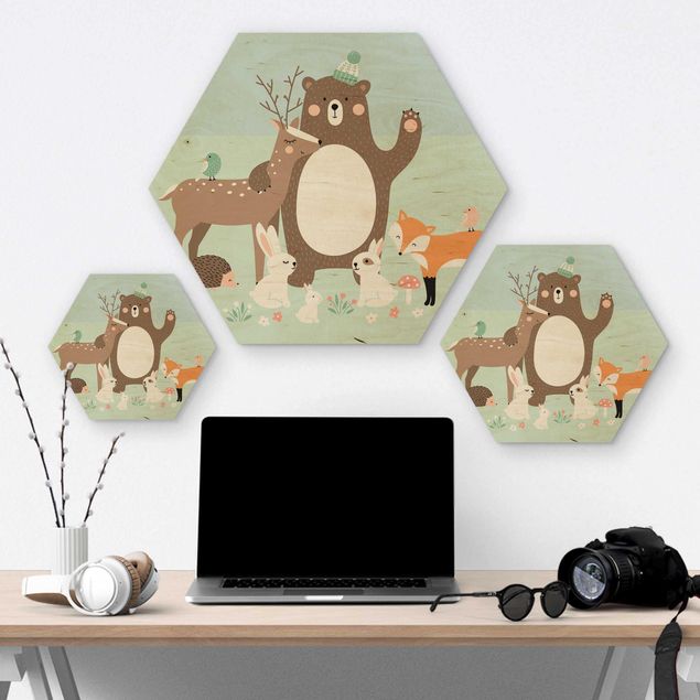 Obraz heksagonalny z drewna - Leśni przyjaciele z leśnymi zwierzętami niebieski