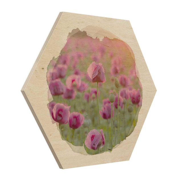 Obrazy drewniane Akwarele - Fioletowa łąka maków opiumowych na wiosnę