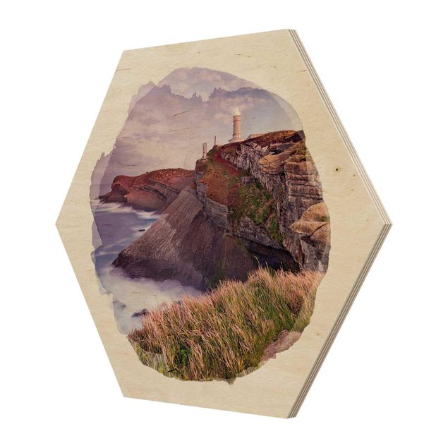 Obraz heksagonalny z drewna - Akwarele - klif i latarnia morska