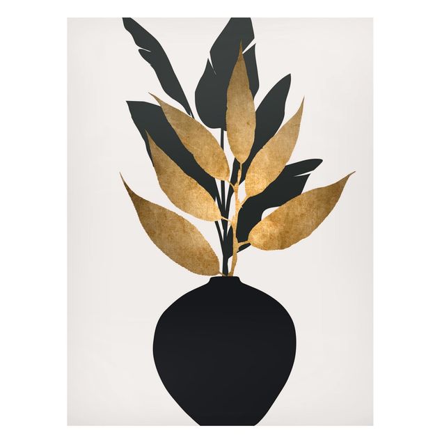 Obrazy do salonu Graficzny świat roślin - złoto i czerń