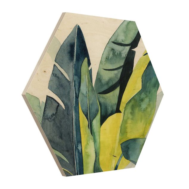 Obraz heksagonalny z drewna - Tropikalne liście - Banan