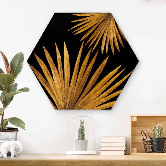Obrazy na ścianę Złoto - liść palmy na czarnym tle