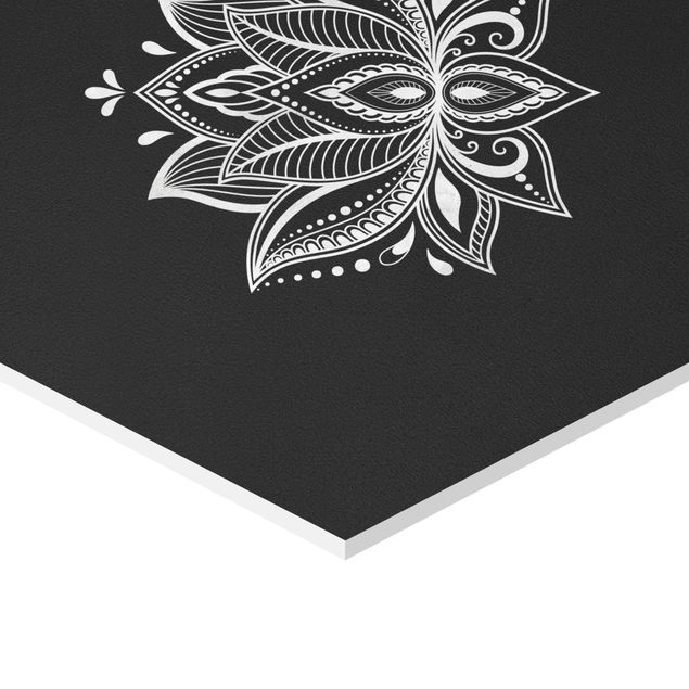 Obraz heksagonalny z Forex 3-częściowy - Mandala Hamsa Zestaw lotosu na rękę w kolorze czarnym
