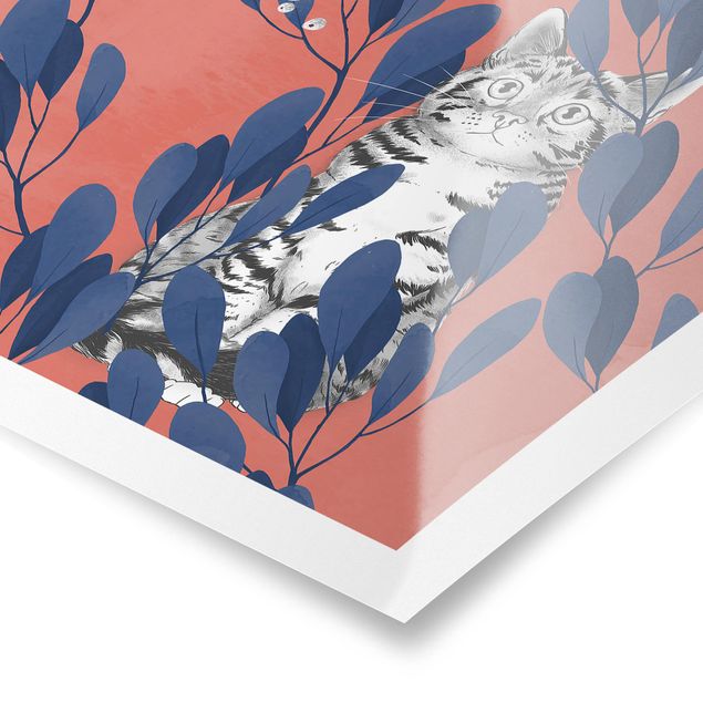 Obraz z niebieskim Ilustracja przedstawiająca kota i ptaka na gałęzi Niebieskoczerwony