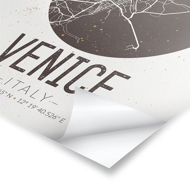 Plakaty czarno białe Mapa miasta Wenecja - Retro