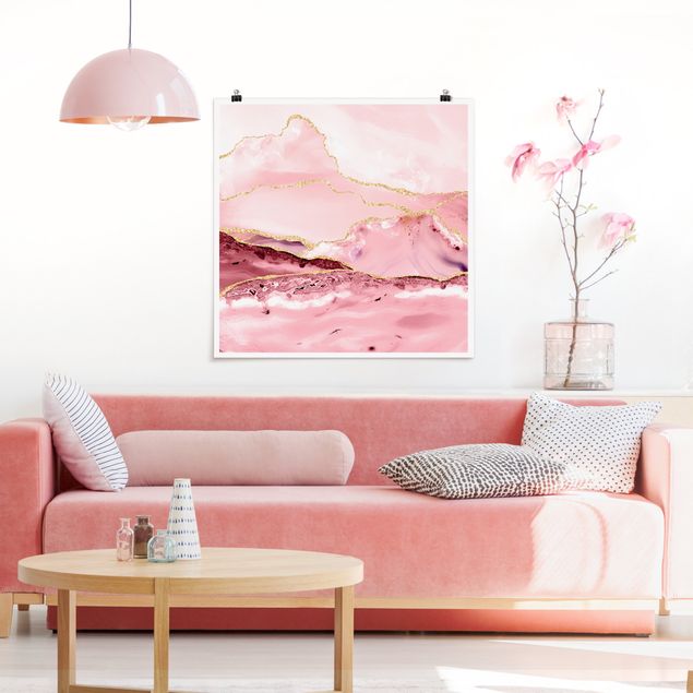 Obrazy do salonu nowoczesne Abstrakcyjne góry w kolorze różowym ze złotymi liniami