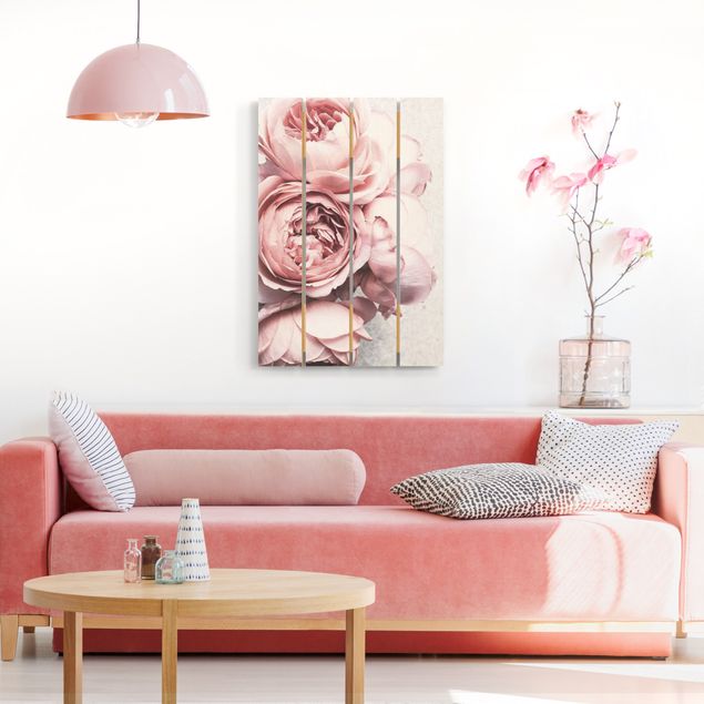 Obrazy z drewna Kwiaty różowej piwonii Shabby Pastel