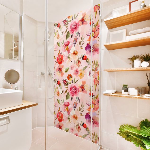 Tylna ścianka prysznicowa - Watercolour Flowers On Light Pink