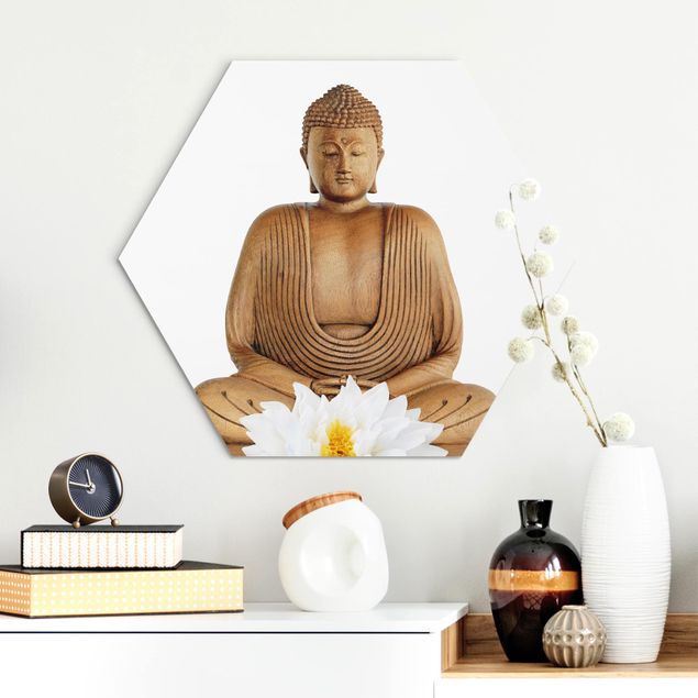 Obraz heksagonalny z Alu-Dibond - Budda z drewna lotosu