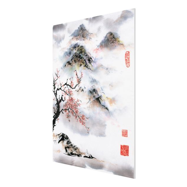 Obrazy góry Japońska akwarela Drzewo wiśniowe i góry