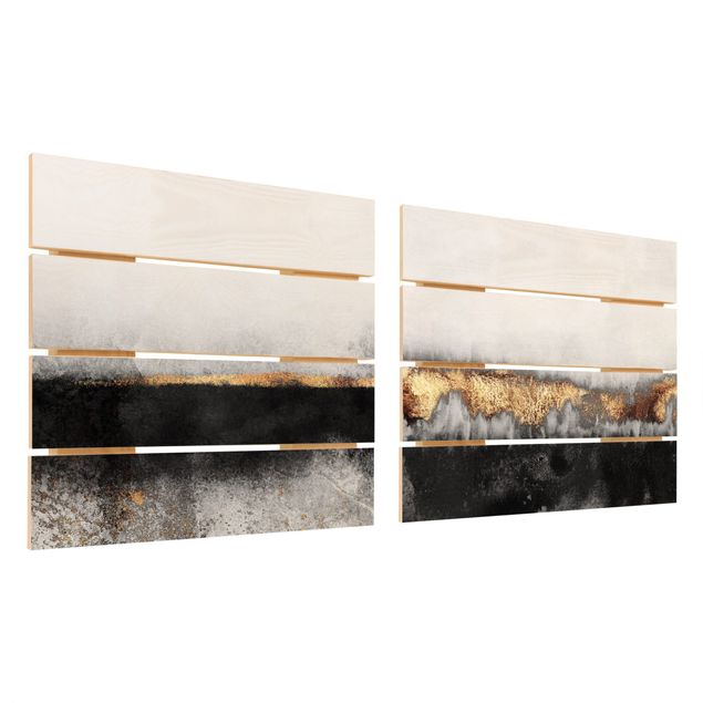 Obraz z drewna 2-częściowy - Abstrakcyjne złote horyzonty w akwareli