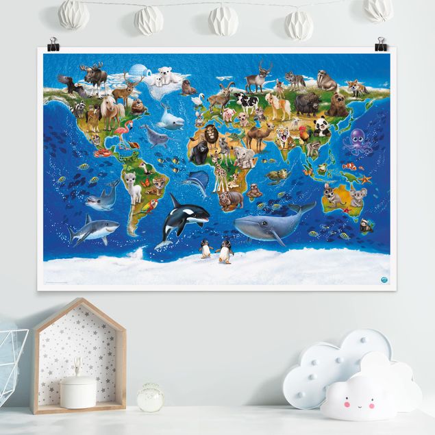 Plakat - Mapa świata ze zwierzętami