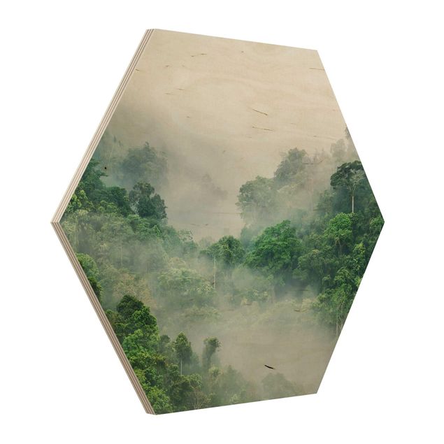Obraz heksagonalny z drewna - Dżungla we mgle