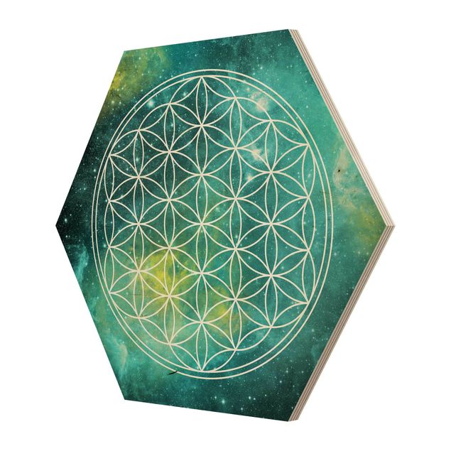 Obraz heksagonalny z drewna - Kwiat życia w świetle gwiazd