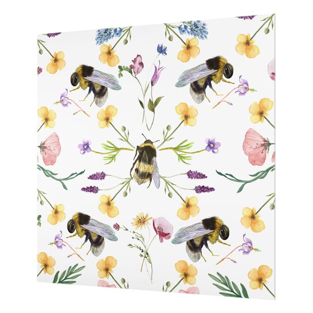 Panel kuchenny - Bees With Flowers - Kwadrat 1:1