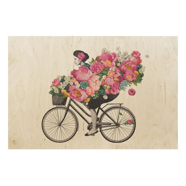 Obrazy na ścianę Ilustracja Kobieta na rowerze Kolaż kolorowych kwiatów
