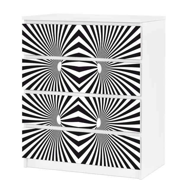 Okleina meblowa IKEA - Malm komoda, 4 szuflady - Psychedeliczny czarno-biały wzór
