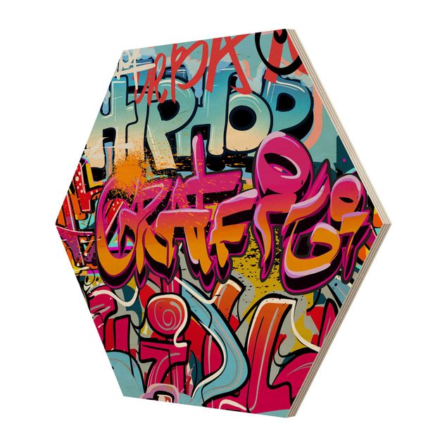 Obraz heksagonalny z drewna - HipHop Graffiti