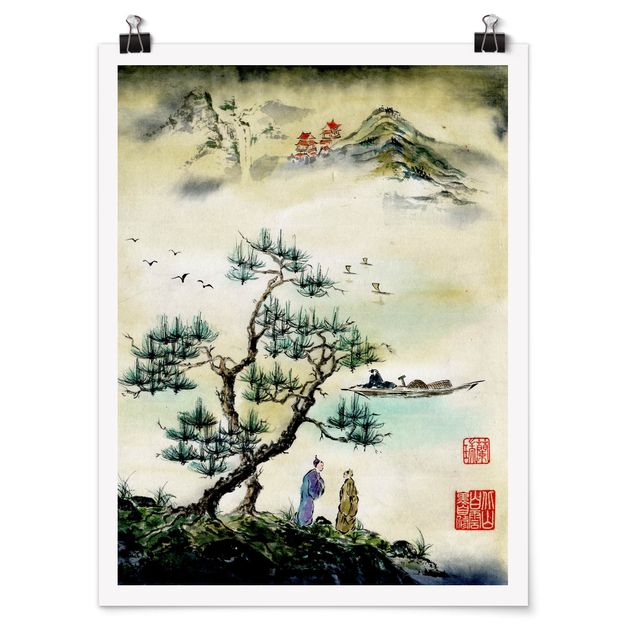 Obraz drzewo Japońska akwarela Drzewo sosnowe i górska wioska