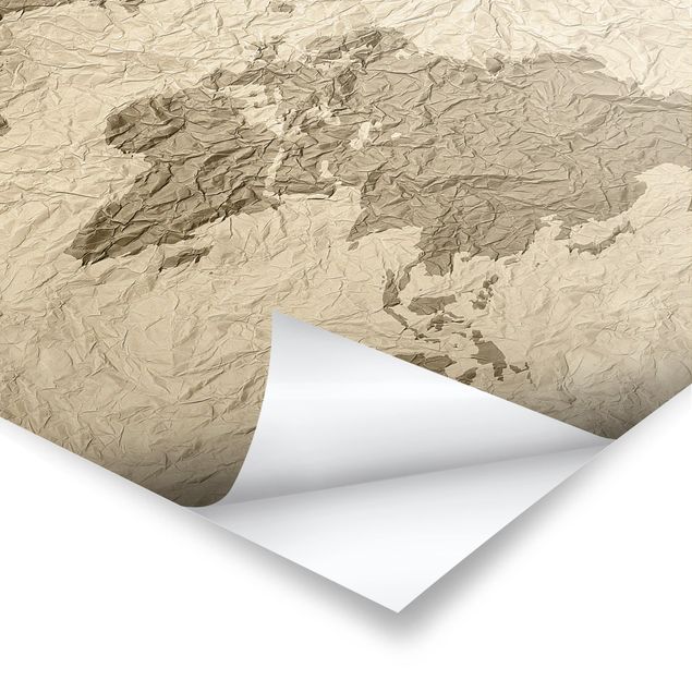 Plakaty na sciane Papierowa mapa świata beżowo-brązowa