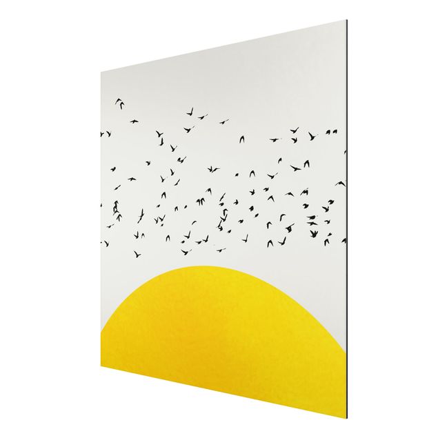 Obrazy nowoczesne Stado ptaków na tle żółtego słońca