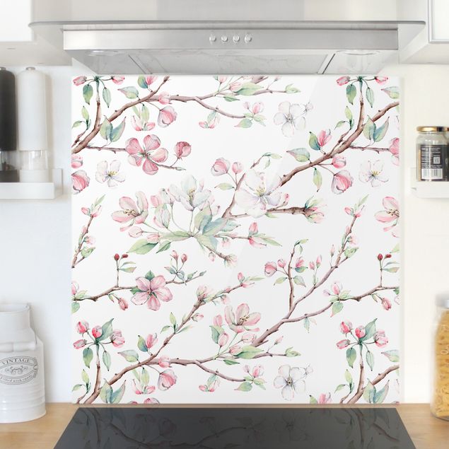 Dekoracja do kuchni Akwarela Gałęzie z kwiatami jabłoni w kolorze różowym i białym