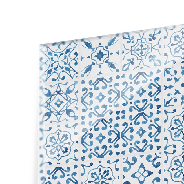 Panel szklany do kuchni - Wzór na płytkach niebiesko-biały