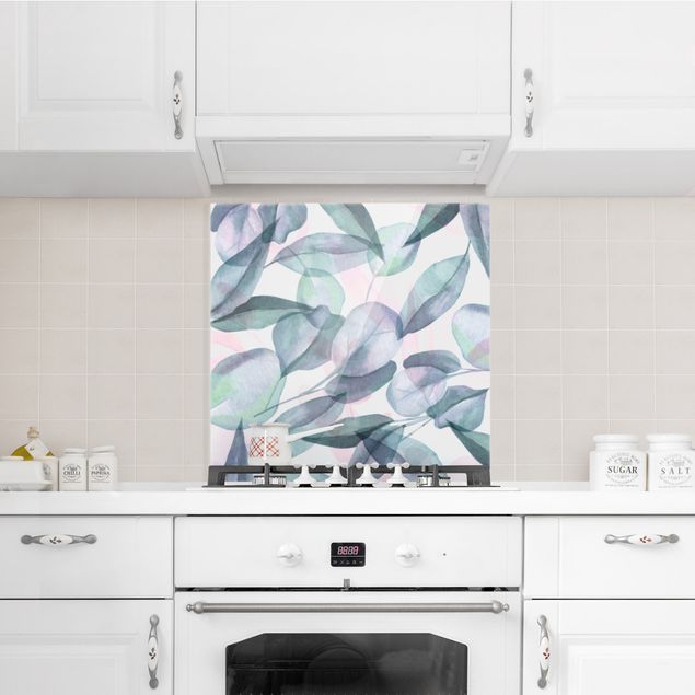 Panel szklany do kuchni Niebieskie i różowe liście eukaliptusa akwarelowe