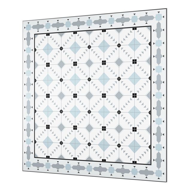 Panel szklany do kuchni - Geometryczne płytki Ikat niebieski z obwódką