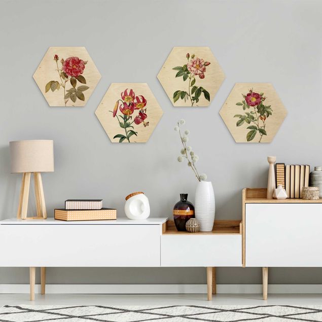 Obraz heksagonalny z drewna 4-częściowy - Pierre Joseph Redouté - Róże i lilie