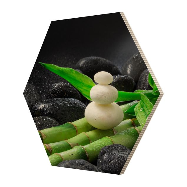 Zielony obraz Białe kamienie na bambusie