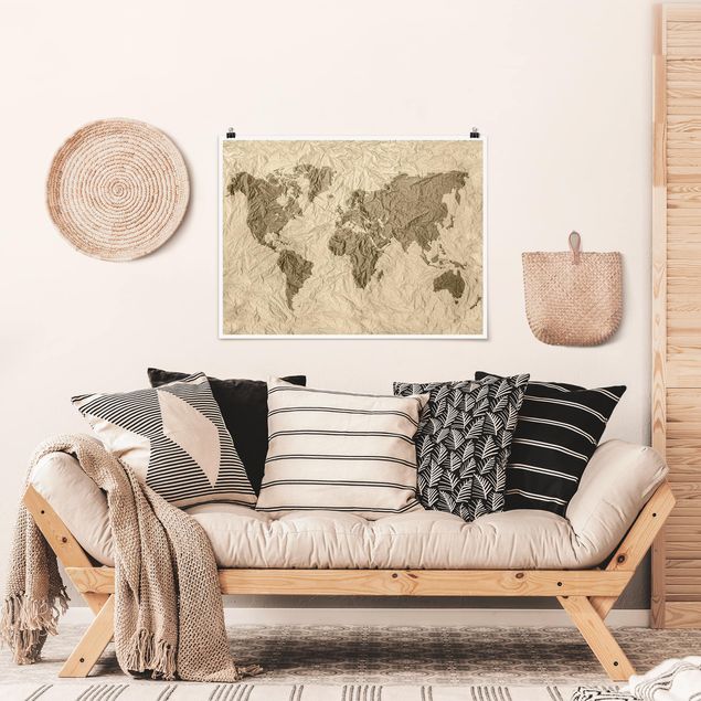 Obrazy do salonu nowoczesne Papierowa mapa świata beżowo-brązowa