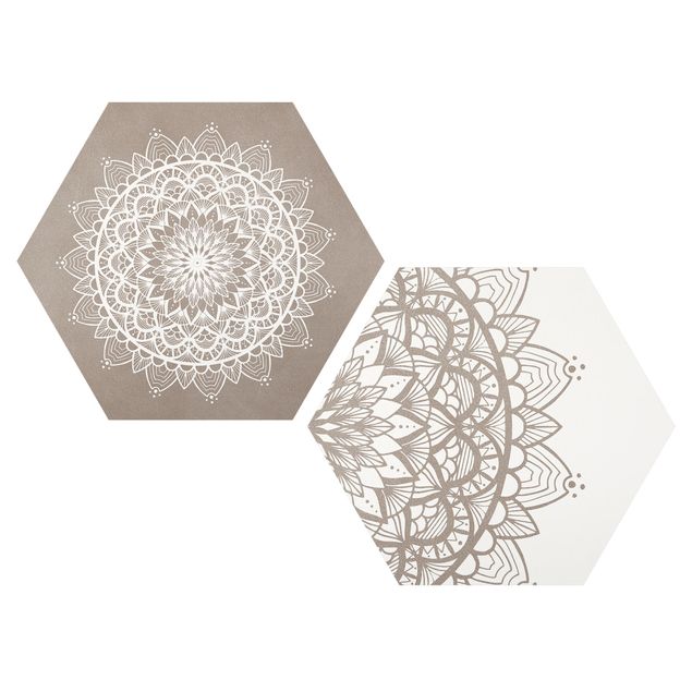 Obraz heksagonalny z Alu-Dibond 2-częściowy - Mandala Ilustracja shabby zestaw beżowo-biały