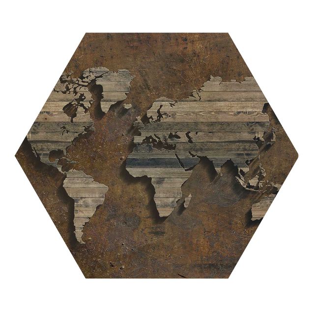 Obraz heksagonalny z drewna - Mapa świata z rdzą drewna