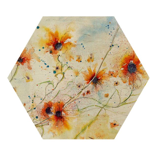 Obraz heksagonalny z drewna - Malowane kwiaty