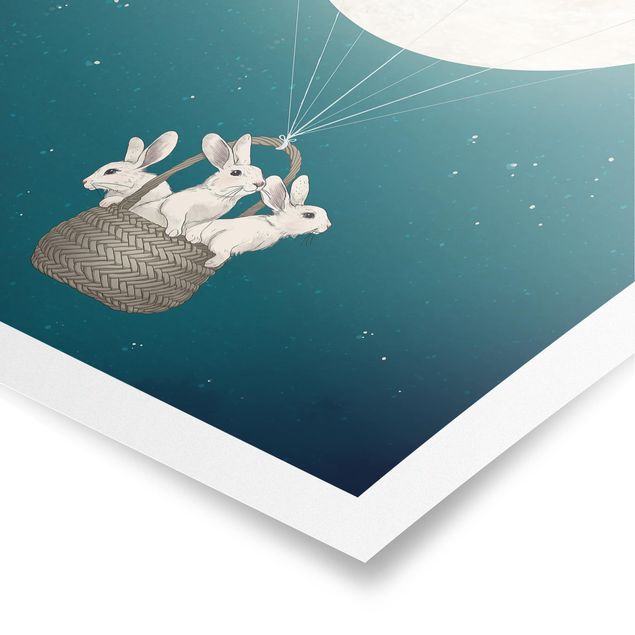 Obraz turkusowy Ilustracja królik Księżyc Balon na ogrzane powietrze Gwieździste niebo