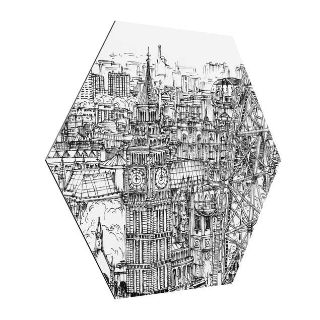 Obraz heksagonalny z Alu-Dibond - Studium miasta - London Eye