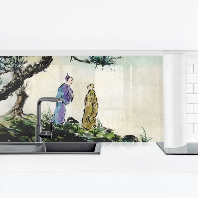 Panel ścienny do kuchni - Japońska akwarela Drzewo sosnowe i górska wioska