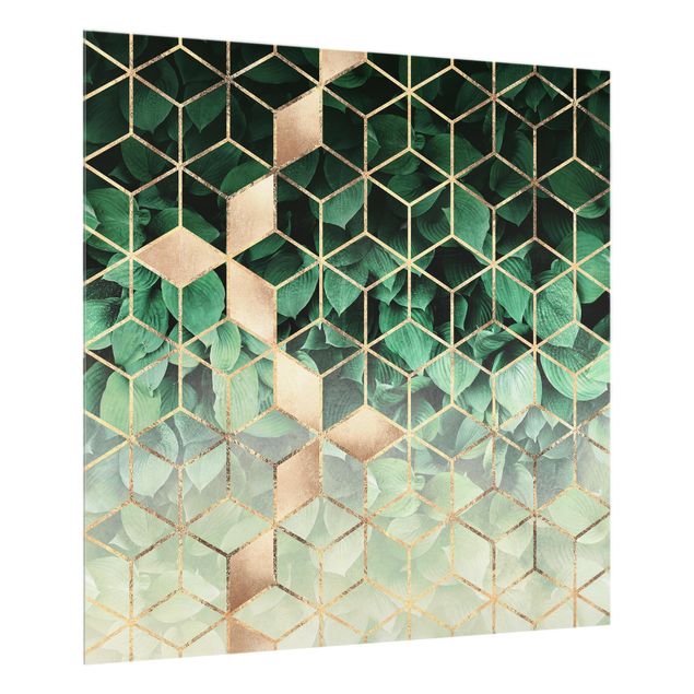 Panele szklane do kuchni Zielone liście złota geometria
