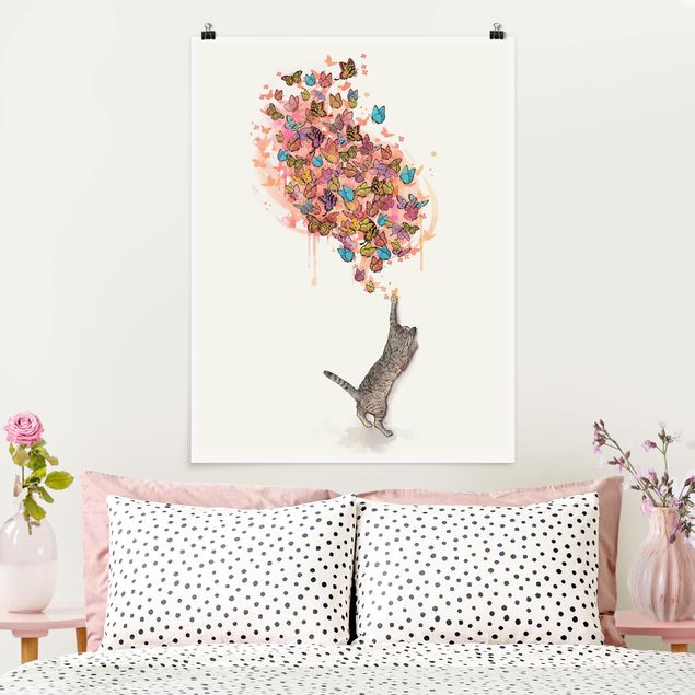 Dekoracja do kuchni Ilustracja kot z kolorowymi motylami malarstwo