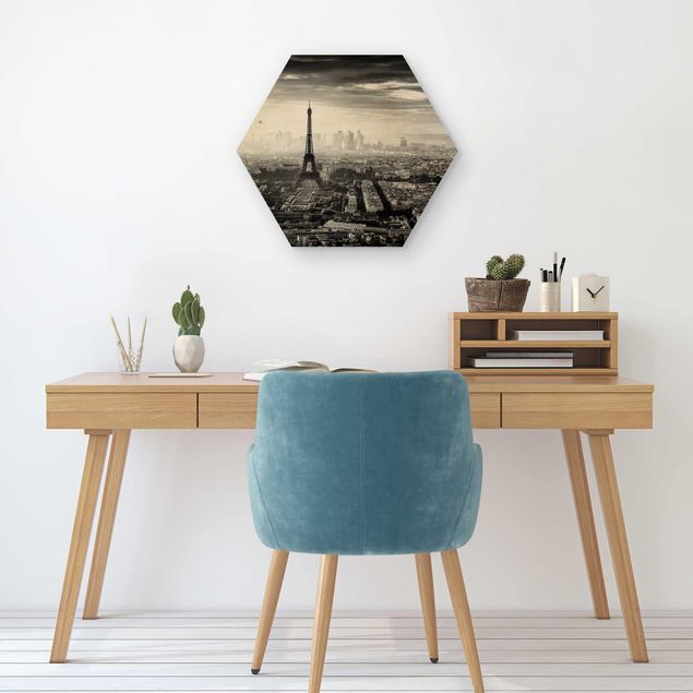 Obrazy z drewna Wieża Eiffla z góry, czarno-biała
