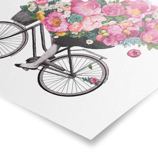 Obraz różowy Ilustracja Kobieta na rowerze Kolaż kolorowych kwiatów
