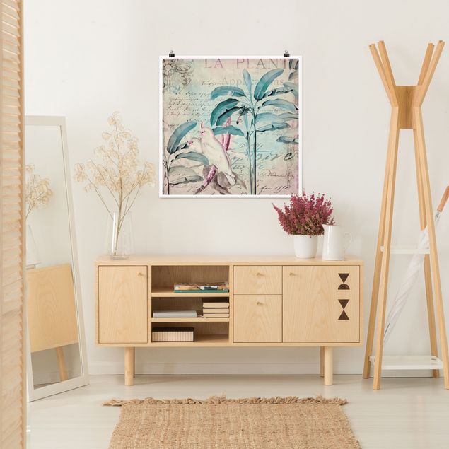 Obrazy do salonu nowoczesne Kolaże w stylu kolonialnym - Kakadu i palmy