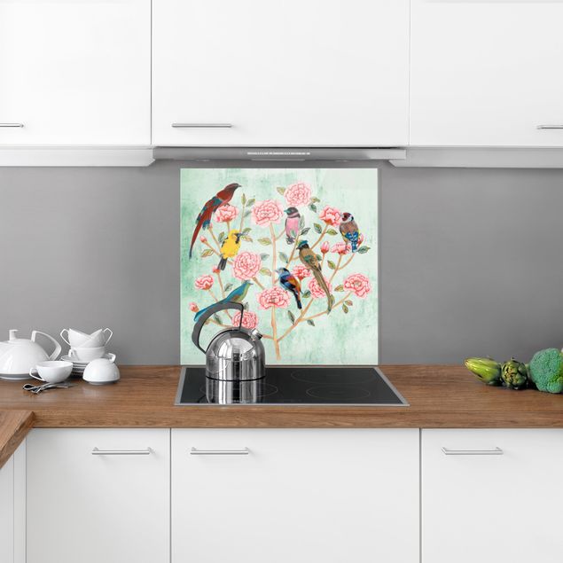 Panel szklany do kuchni Kolaż Chinoiserie w kolorze miętowym