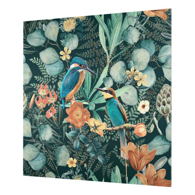 Panel szklany do kuchni - Kwiatowy raj Zimorodek i koliber