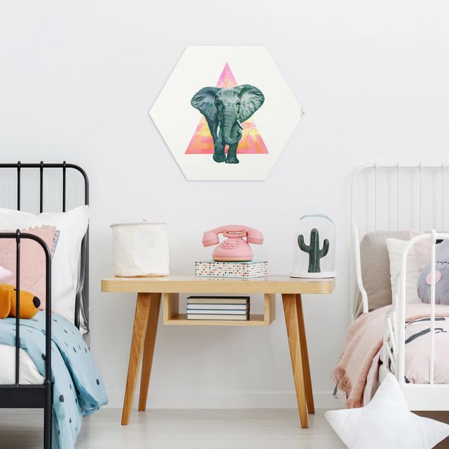 Obrazy do salonu Ilustracja przedstawiająca słonia na tle trójkątnego obrazu